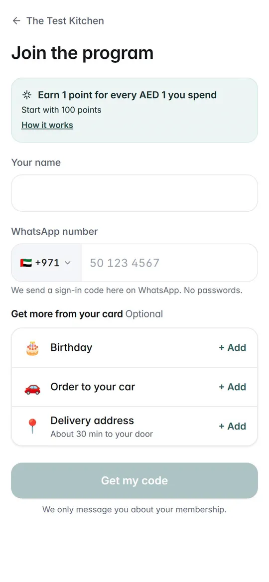 Aisha joins on her phone: her name and WhatsApp number, the 4-digit code from WhatsApp, then her new card with a 100-point gift