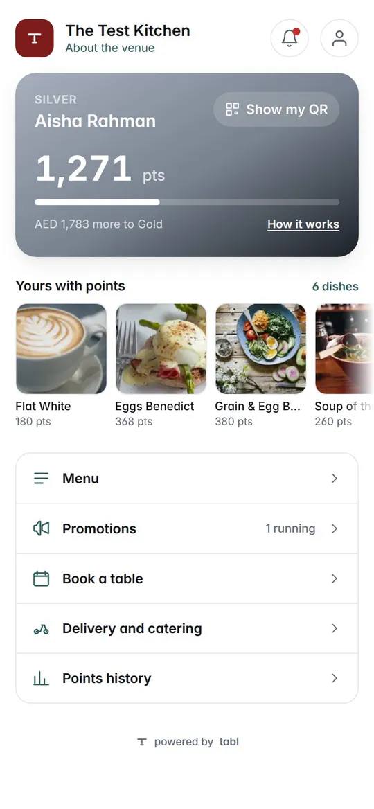 Aisha some weeks on, a Silver member with 1,271 points and her favourite dishes on her card, then her bill at table 3, where 368 points pay for the Eggs Benedict on offer