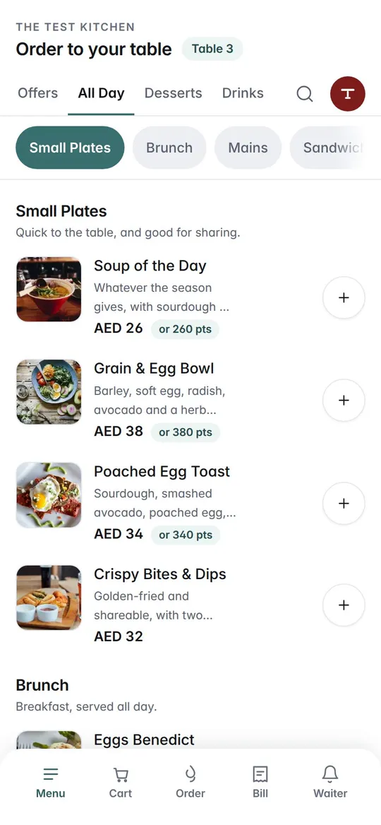 Aisha adds soup, the Grain & Egg Bowl and the Poached Egg Toast at table 3 and sends the AED 98 order to the kitchen, due in about 10 minutes